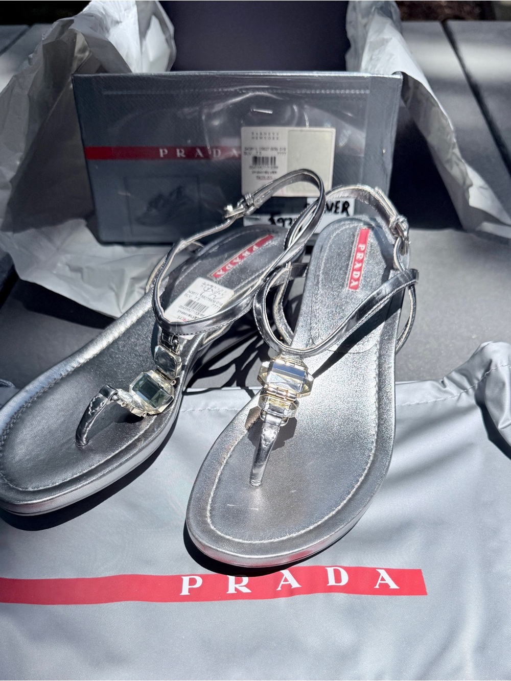 NWT Prada Silver Crystal Jeweled Sandal 7.5 Box + Dust Bag Barneys